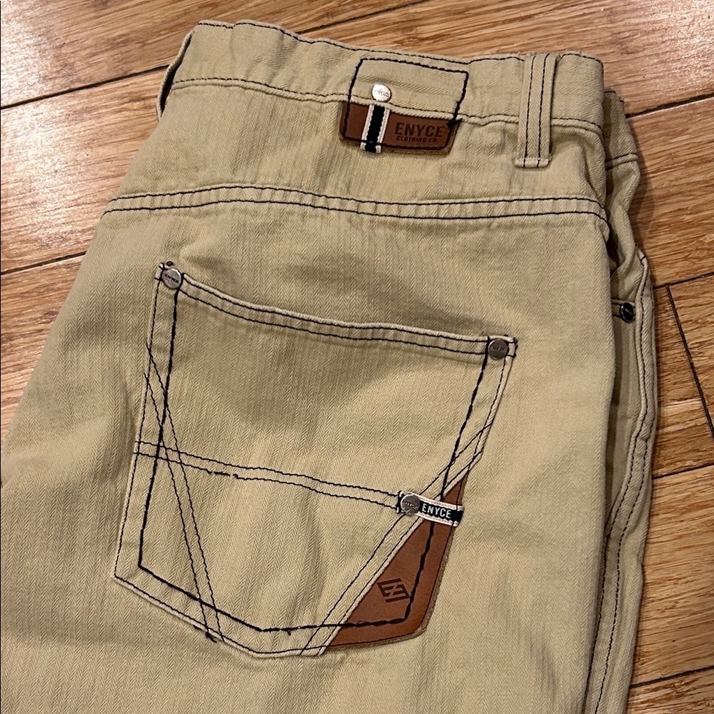 Enyce Vintage Beige 90’s Skater Streetwear Pants w/Leather & Stitch Detail 38